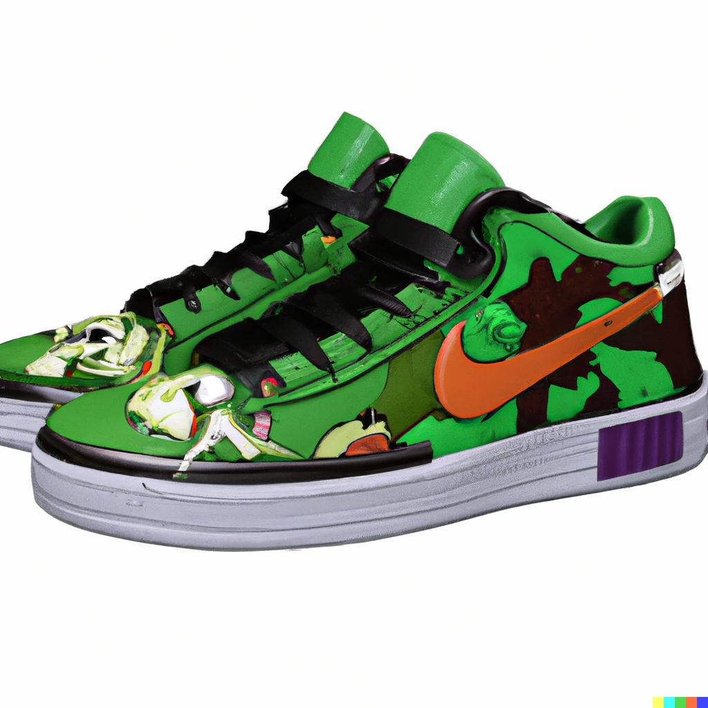 Prompt: nike air force ones with a teenage mutant ninja turtles and jurassic park color scheme