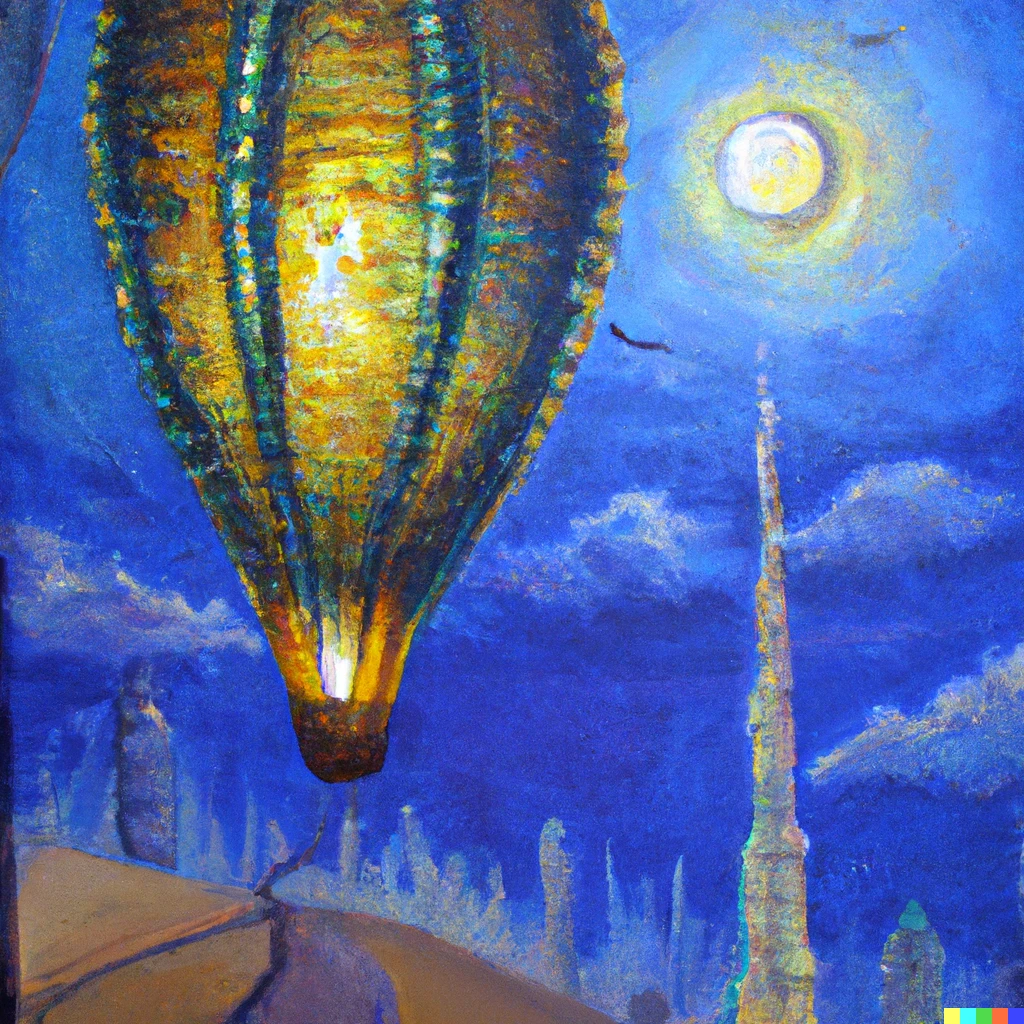 Prompt: A Van Gogh colorful oil painting of Burj Khalifa with a hot air balloon by moonshine. 