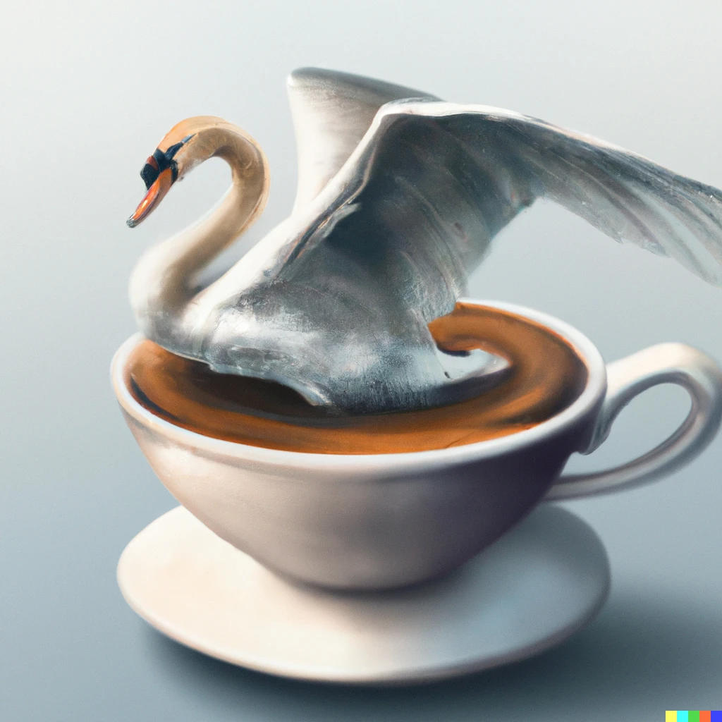 Prompt: Swan landing in coffee cup, digital art