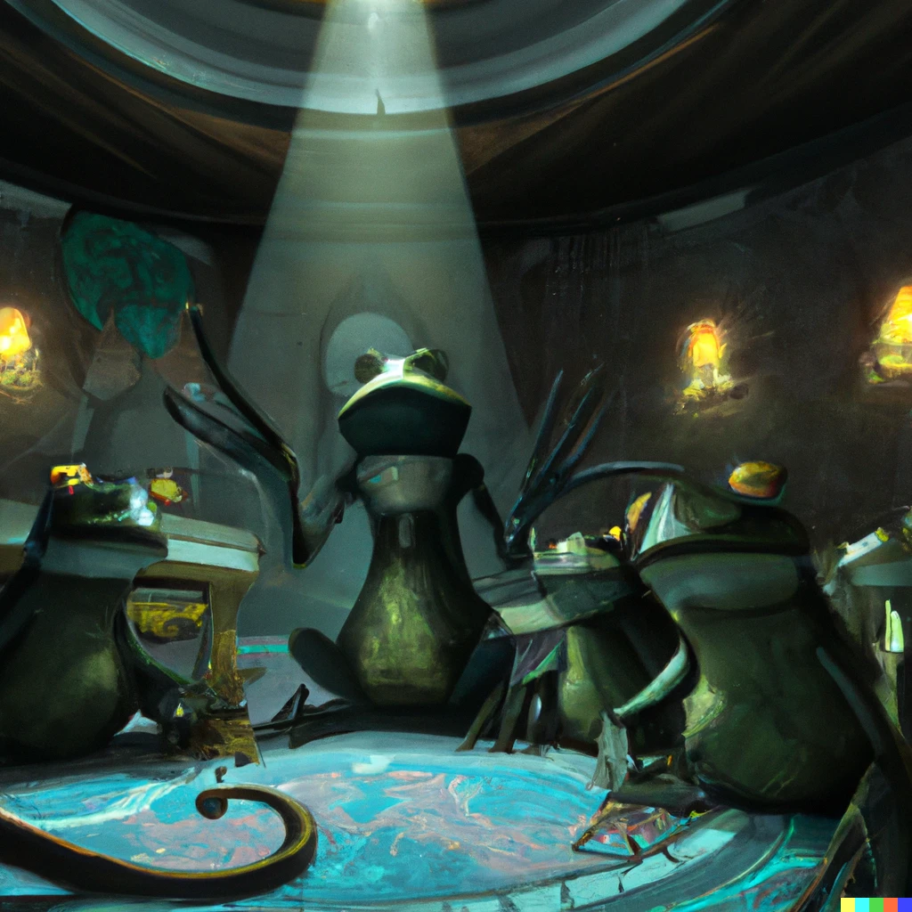 Prompt: Five members of the Frog Cult plan something sinister in a large room, digital art