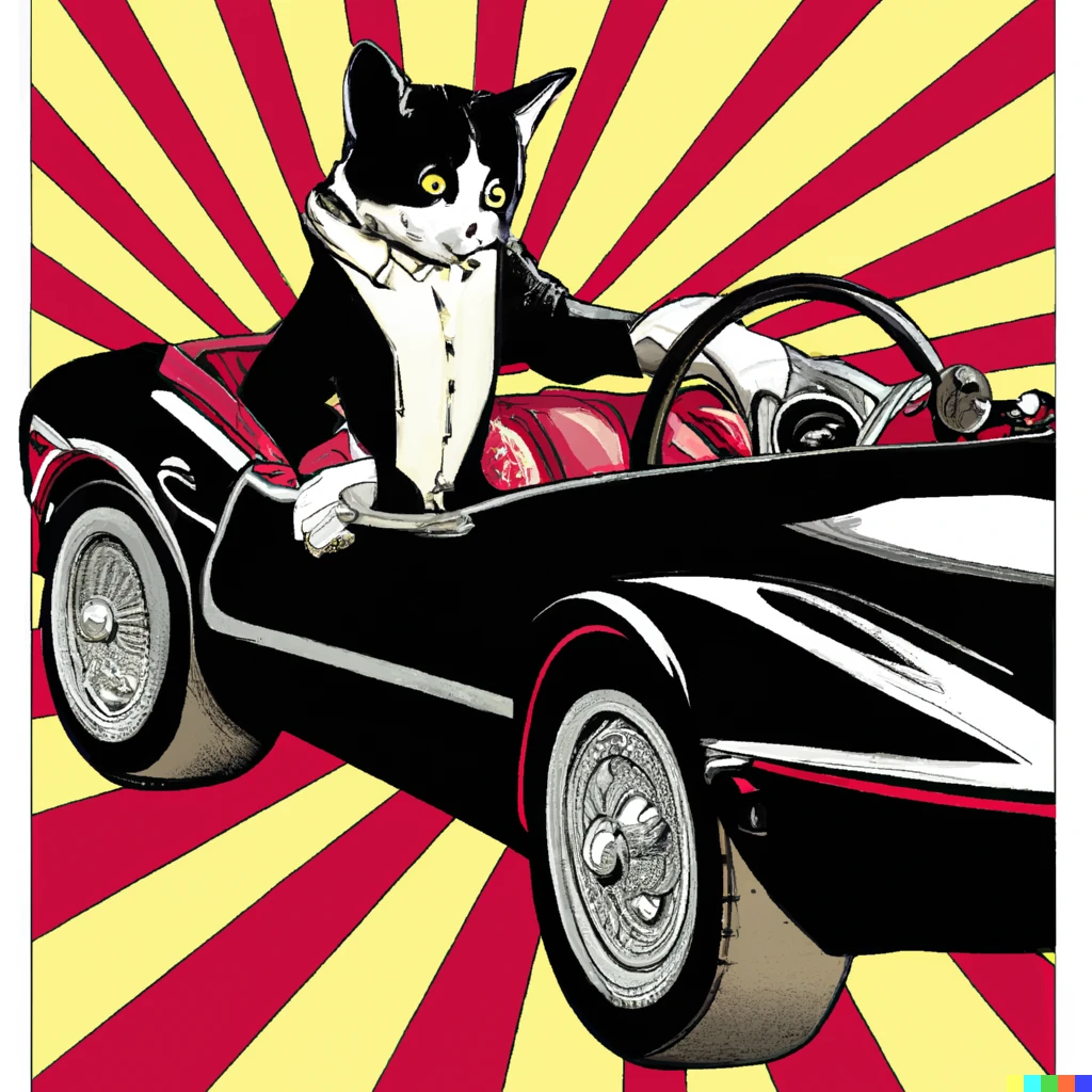 Prompt: tuxedo cat driving a corvette retro art