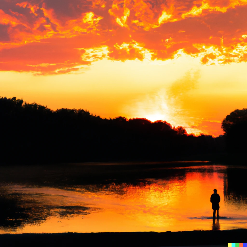 Prompt: A shadowy figure in the distance, wading through a winding river. The time is sunset. The river is full of bright, snaking, colors. The sky is a deep orange and red, growing from the horizon.