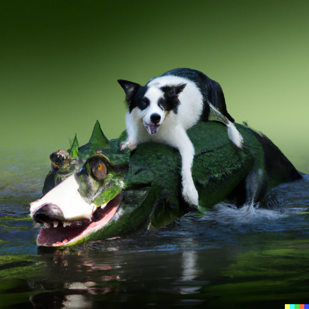 Prompt: Border Collie Princess riding the back of an alligator who is swimming through the water.