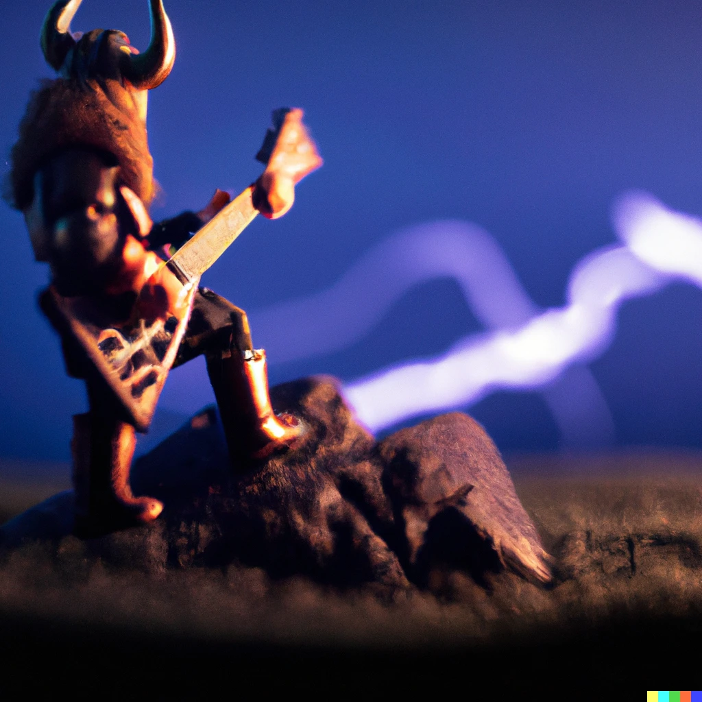 Prompt: Macro photo of a Viking playing an electric guitar on a mountain with lightning in the background 
