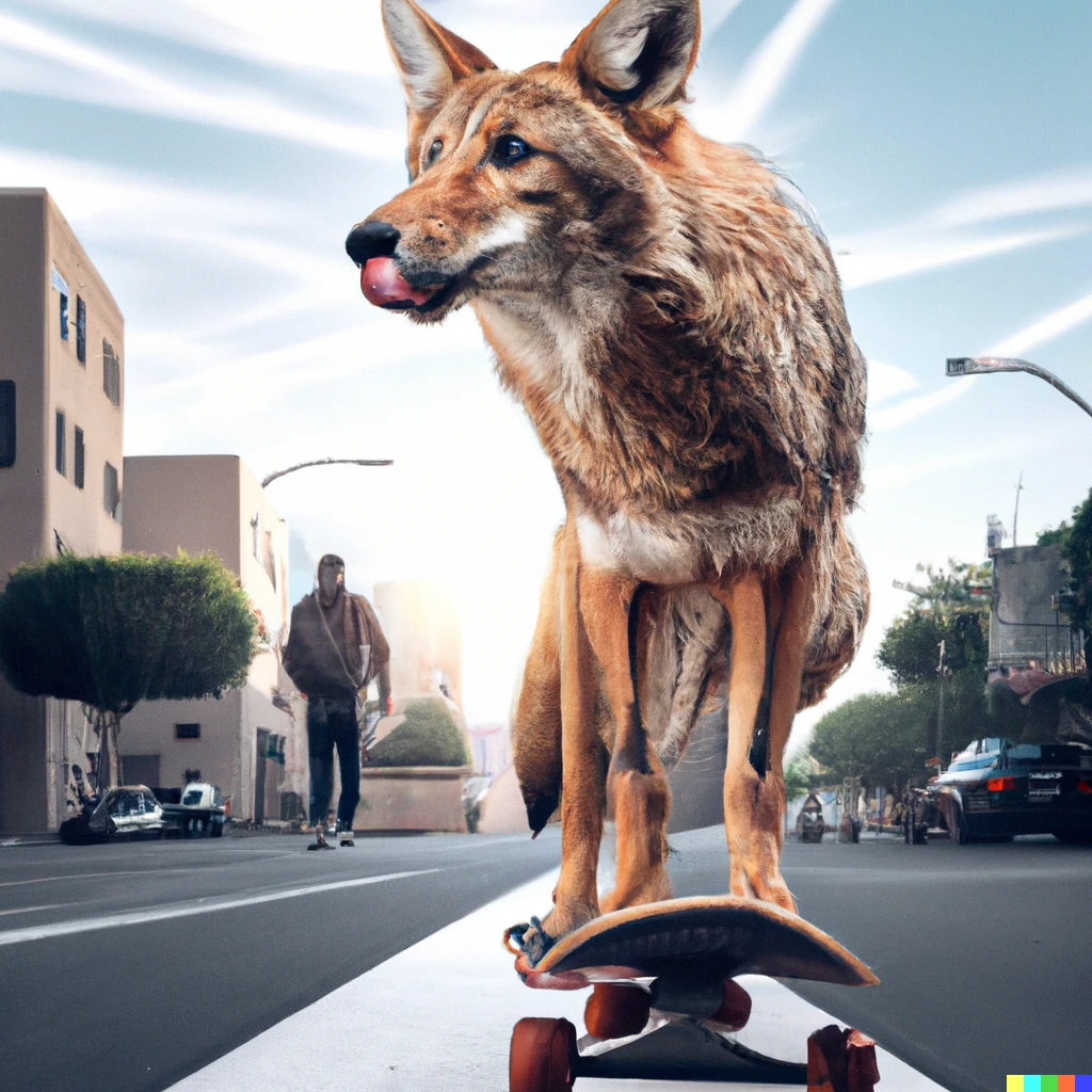 Prompt: A picture of a coyote riding a skateboard in a city 