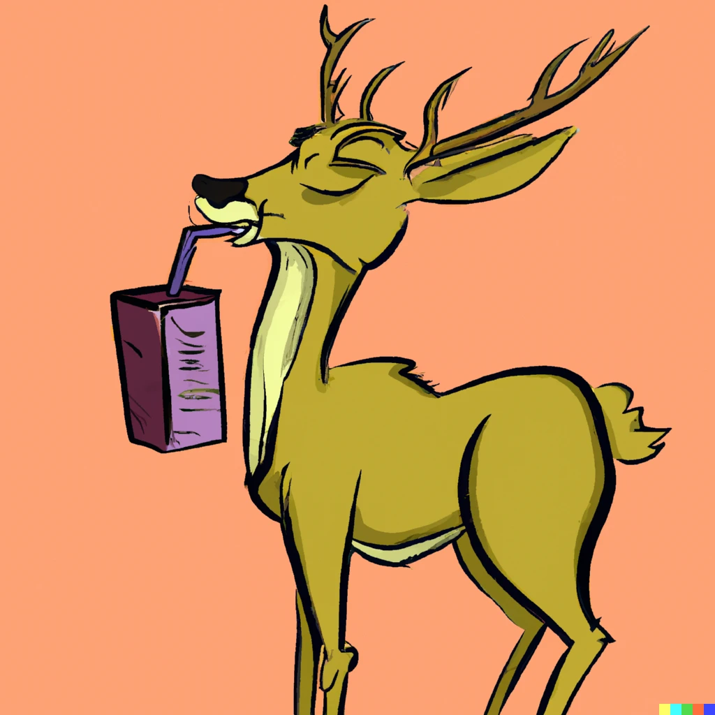 Prompt: A deer sipping a juice box in the style of don bluth
