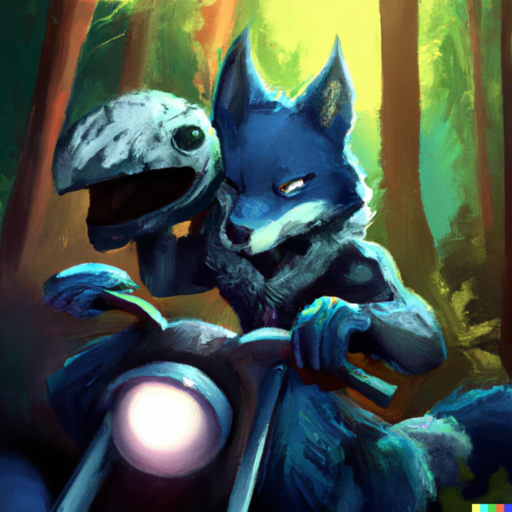 Prompt: A of a blue wolf holding a helmet, riding on a motorcycle, in the forest, digital art