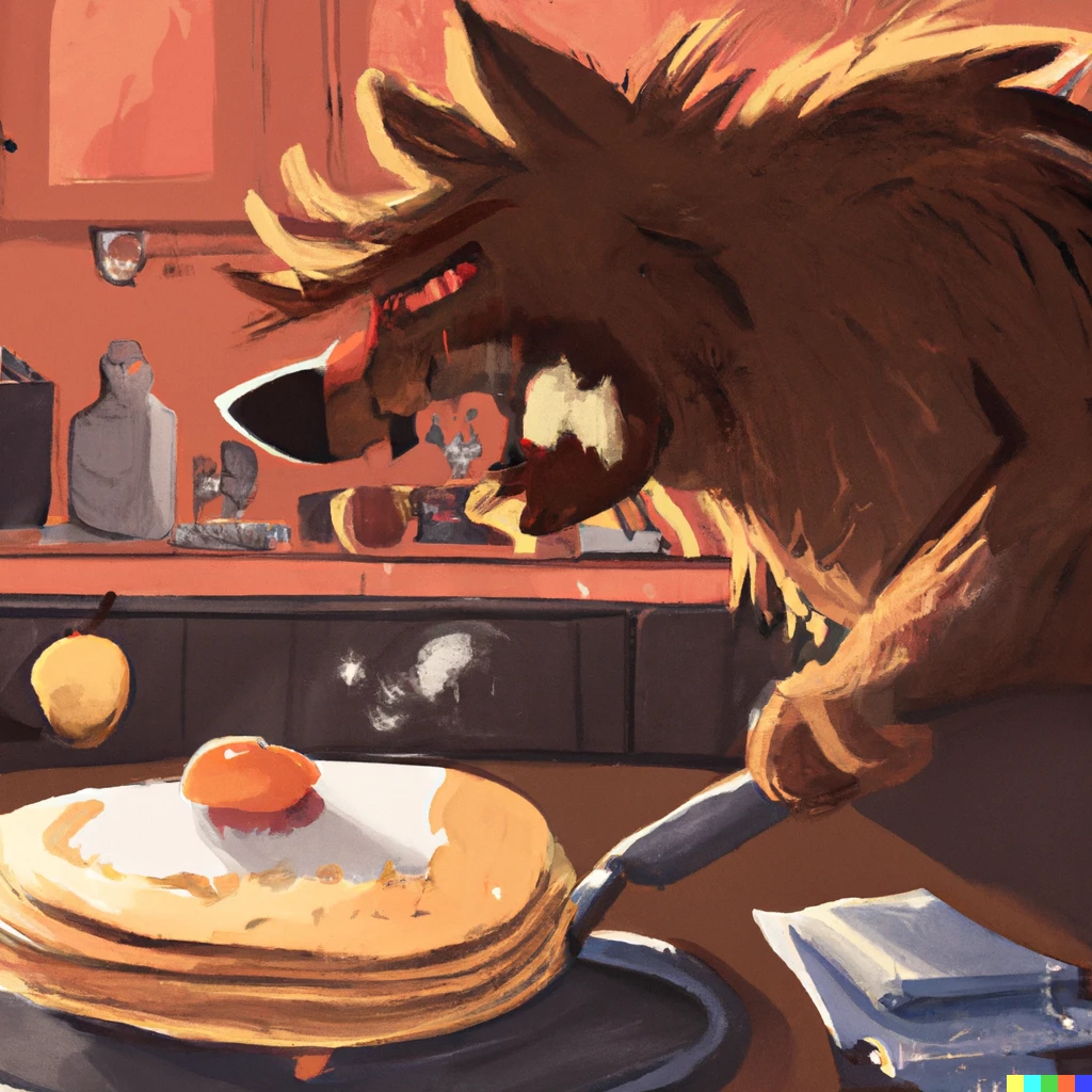 Prompt: A wolf cooking pancakes for breakfast, digital art
