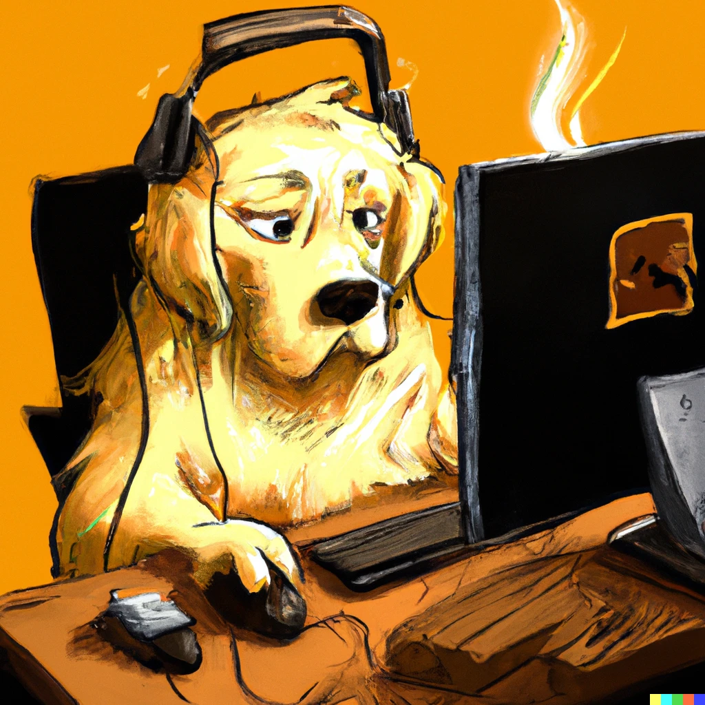 Prompt: Anthropomorphic golden retriever playing Diablo and streaming on twitch digital art