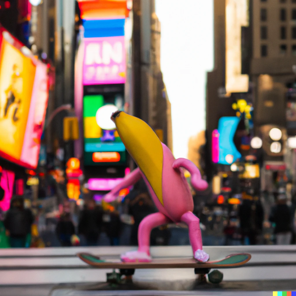 Prompt: A photo of a pink bananas character on a skateboard in Times Square