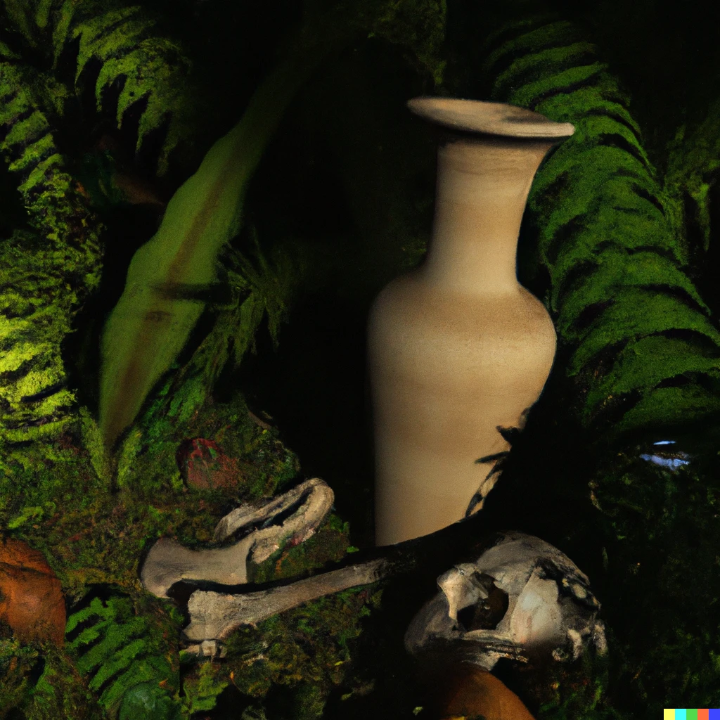 Prompt: 3d render of a vase in a jungle containing bones
