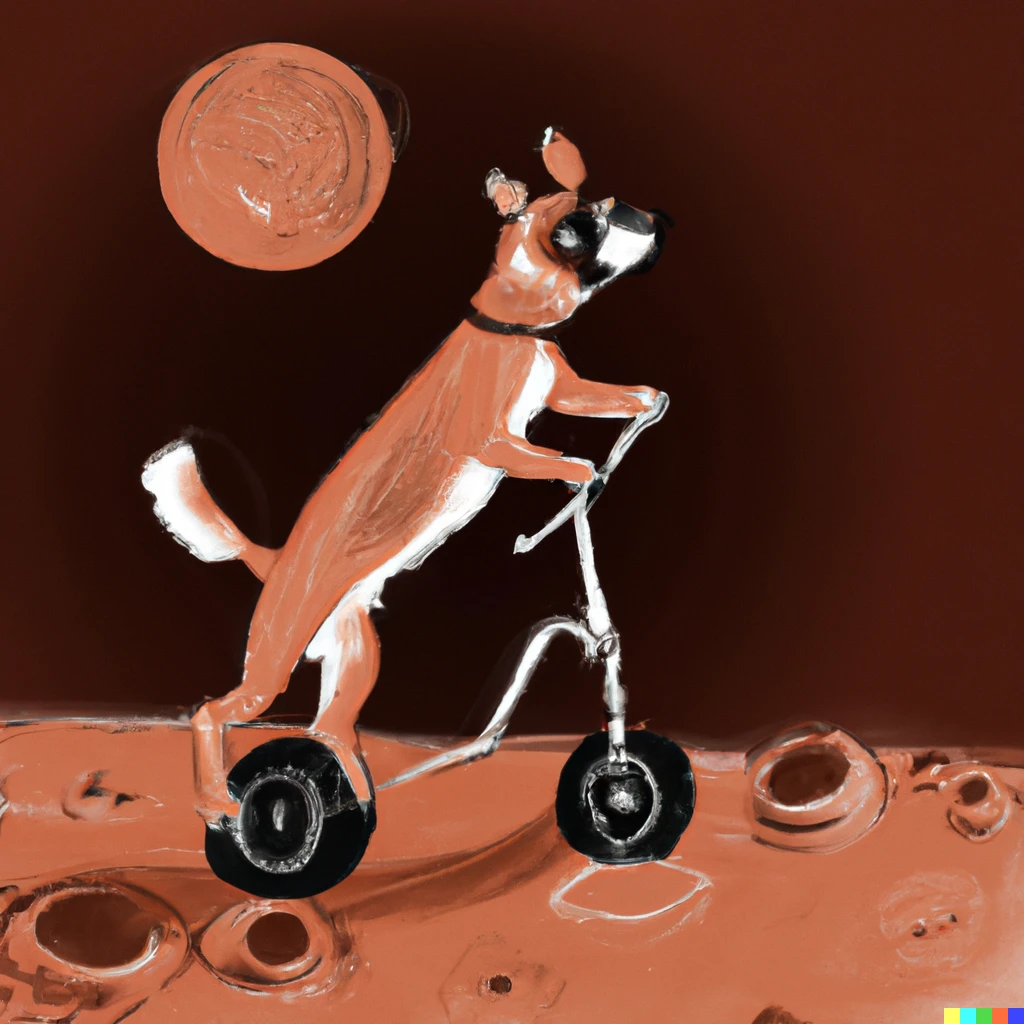 Prompt: a dog on a unicycle on mars