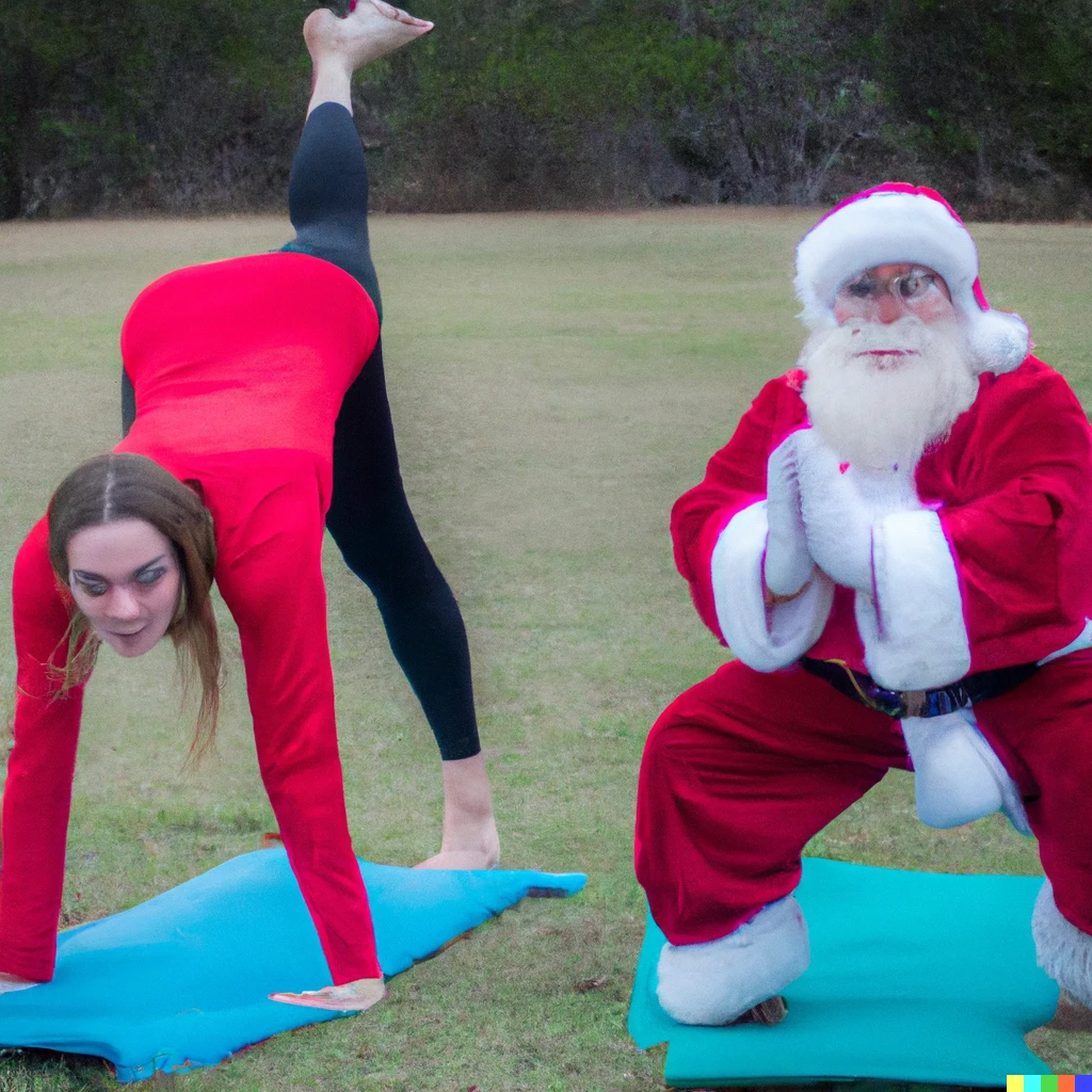 Prompt: santa clause doing yoga with adriene