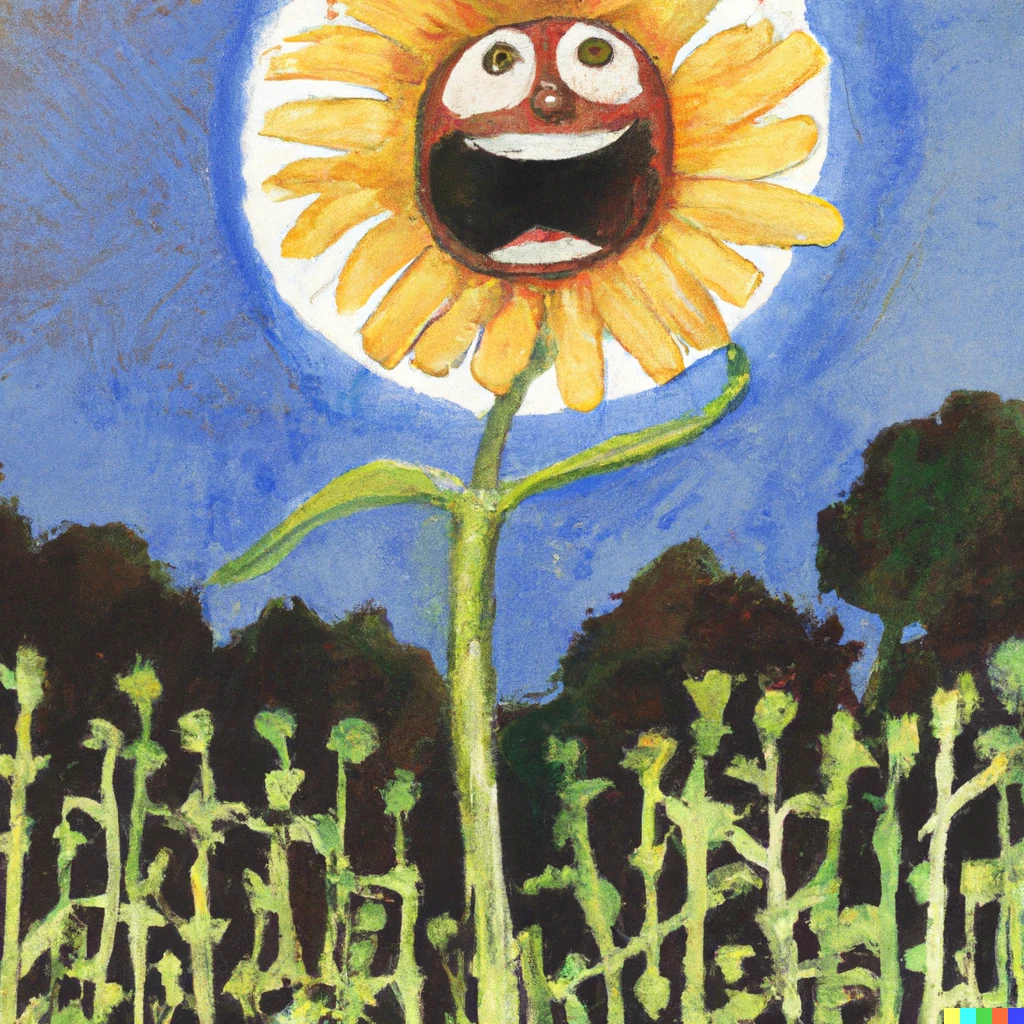 Prompt: A wide-eyed wild smiling sunflower in a field with a growth mindset reaching for the moon as watercolor art