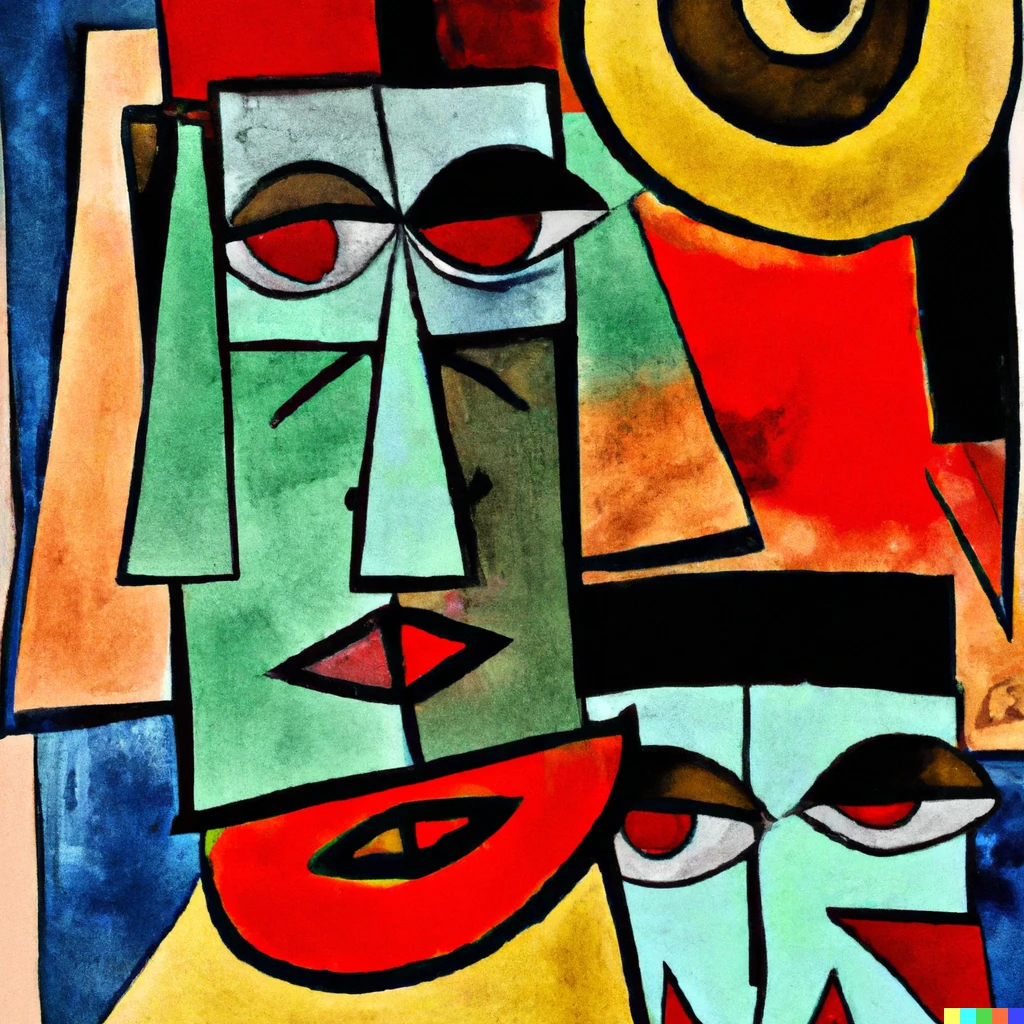 Prompt: Cubist picasso like art abstract of faces oil paint with primary colors