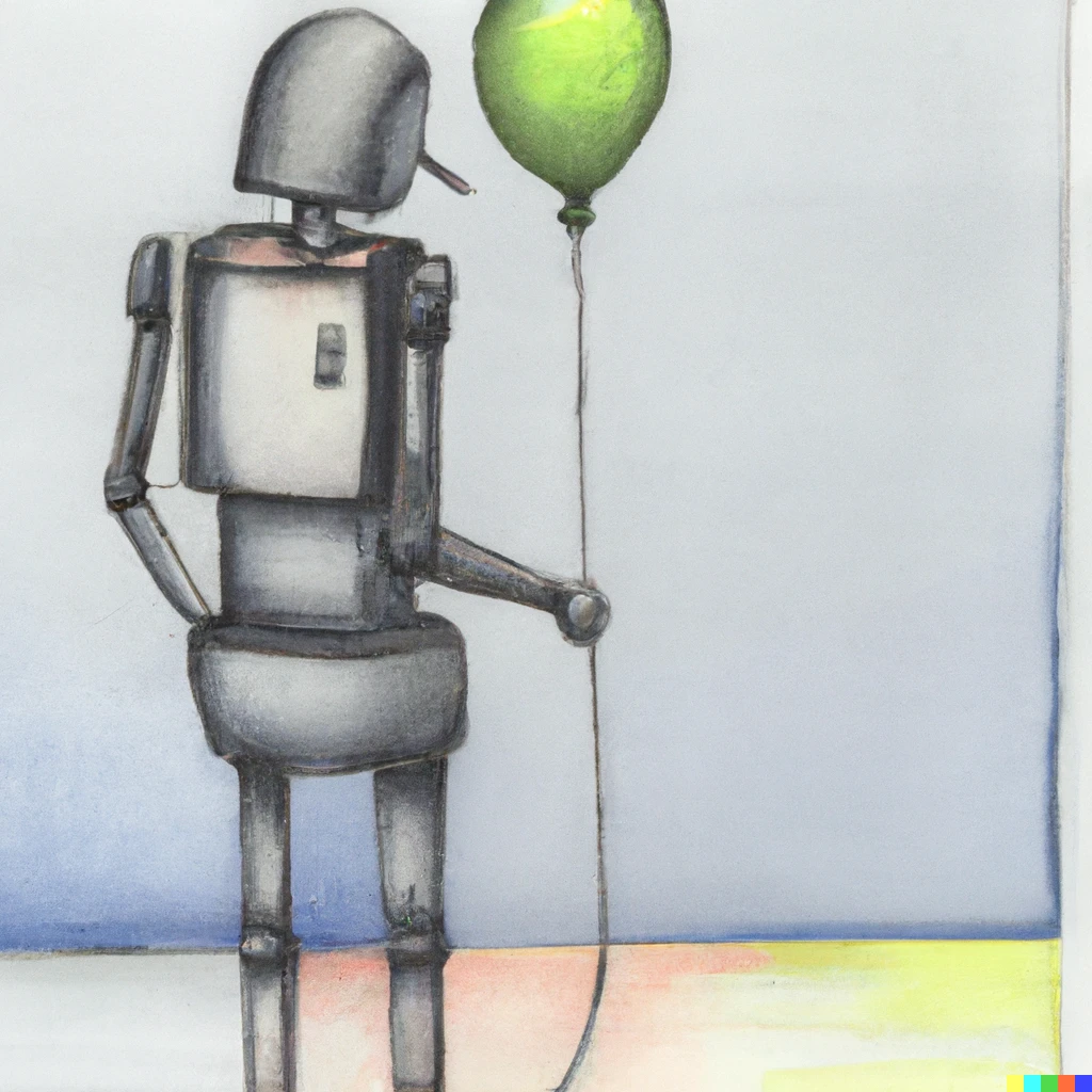 Prompt: abstract pencil and watercolor art of a lonely robot holding a balloon