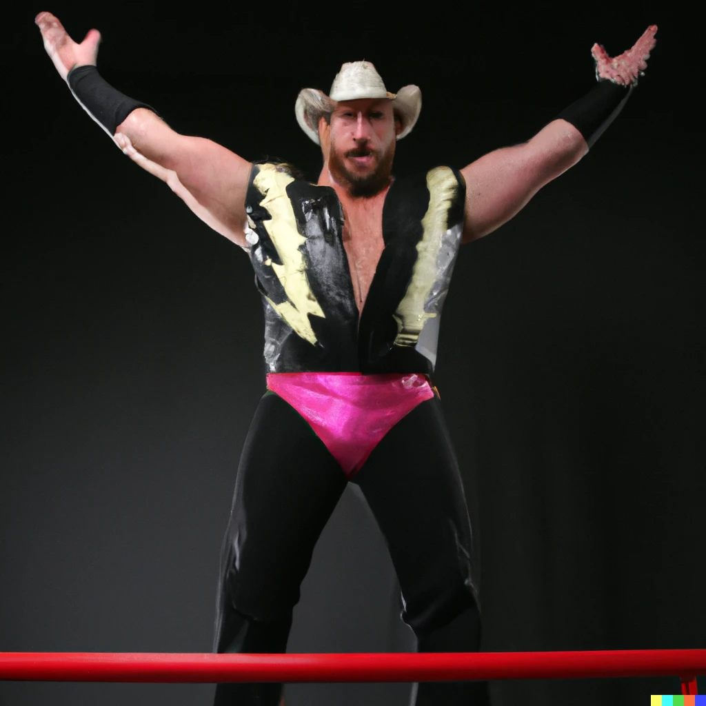 Prompt: A photo of Will sasso dressed in the attire of Macho man randy savage pointing both hands to the sky while standing on top of a wrestling ring post