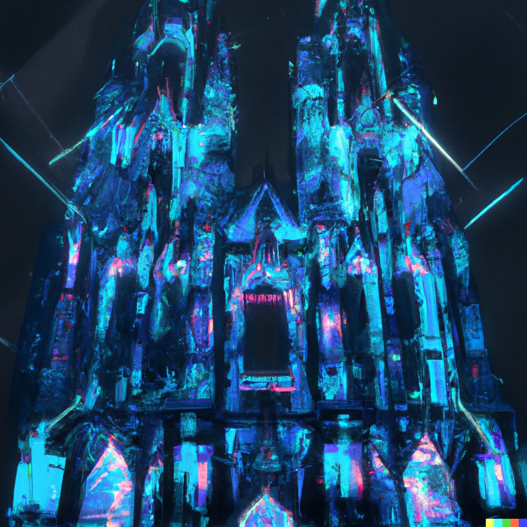 Prompt: A cyberpunk illustration of the Colgone Cathedral, digital art