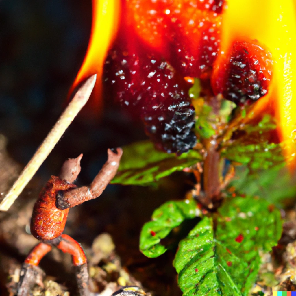 Prompt: Satan cursing a blackberry bush, burning it with his hand fire, while pulling out a thorn from his butt