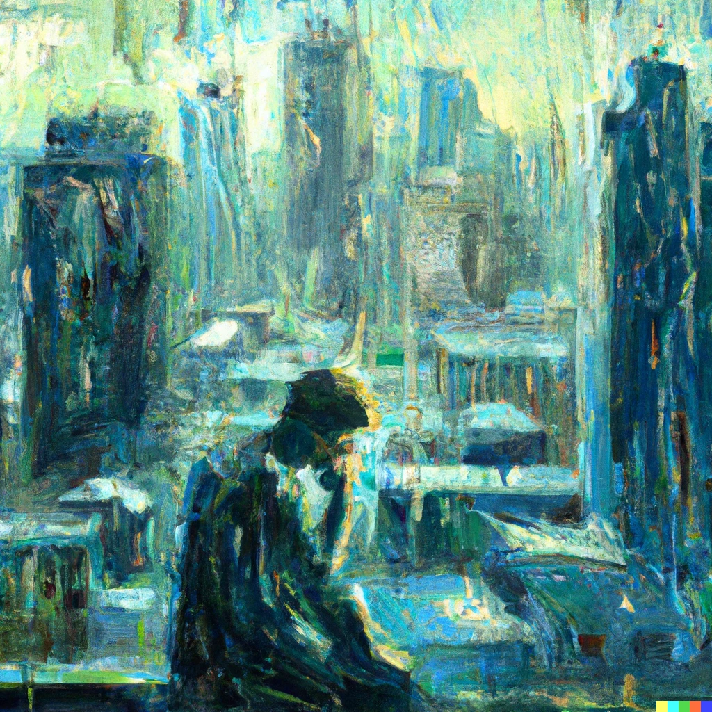 Prompt: A broken-hearted sad man, looking into the pouring rain through a giant window in a city with lots of skyscrapers, oil painting