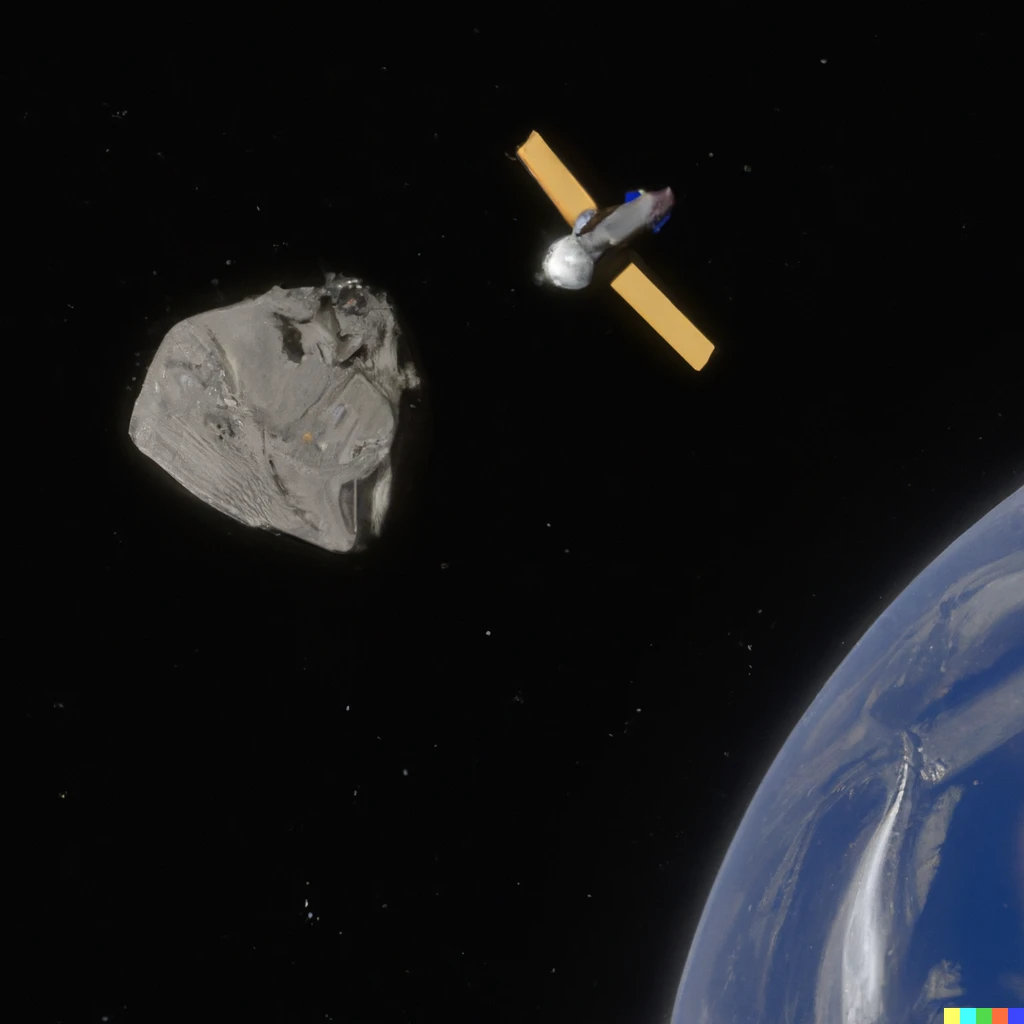 Prompt: A small spacecraft colliding with a larger asteroid in space, with Earth in the distant backdrop, ultra realistic, highly detailed