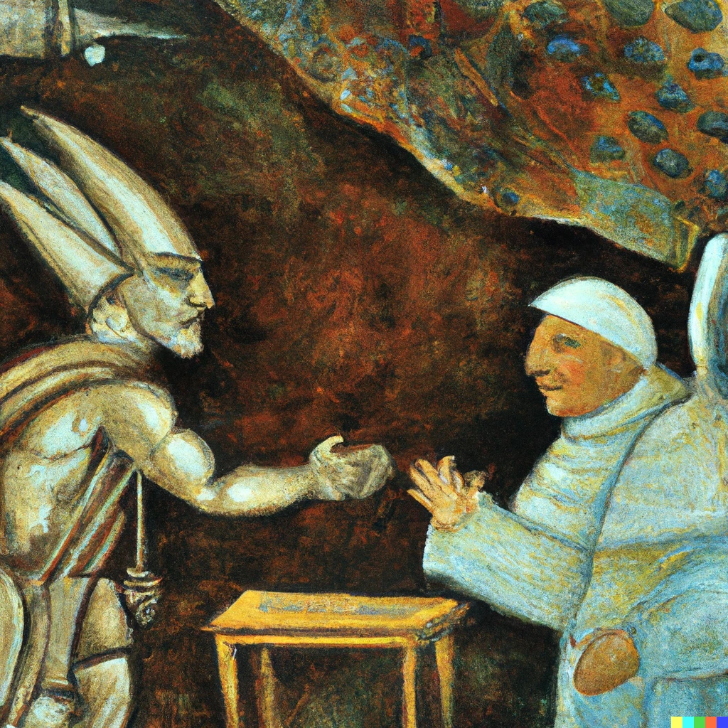 Prompt: Oil painting of the pope signing an agreement with the leader of an alien civilization. 1500 a.c.
