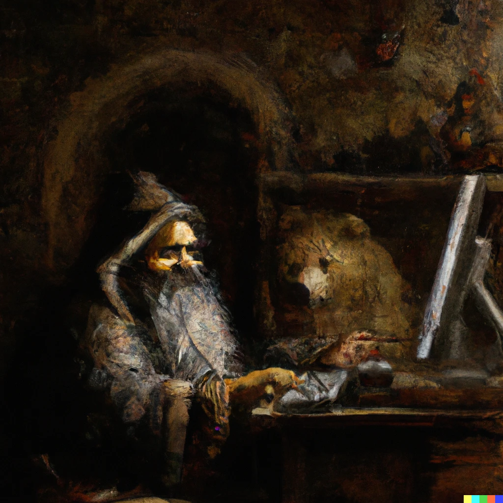 Prompt: a bearded wizzard sitting in front of his computer in his cellar with a bear behind him, oil painting