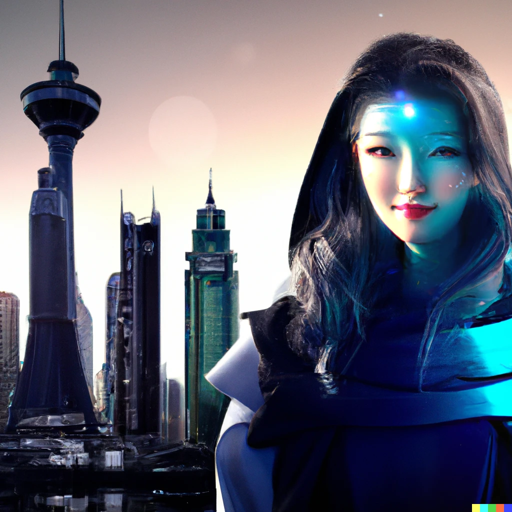 Prompt: A beautiful female Space Opera Officer with long hair flowing in the wind, a futuristic city in the background , ultra-realistic , extremely detailed.