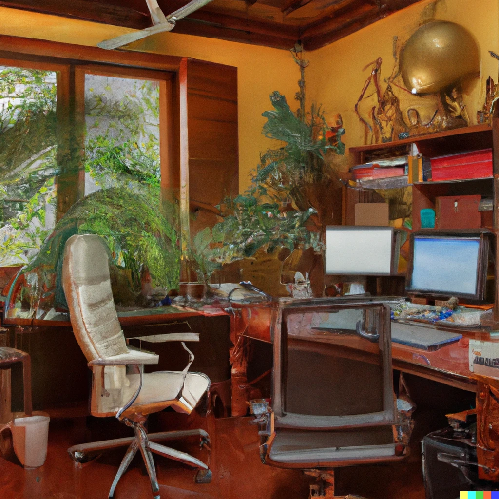 Prompt: The beautiful, harmonious writing office of space opera novelist, James H. Jenkins, living in thailand. Rainy season, palm trees seen through a window, big oak desk with manuscripts in a pile, and an expensive laptop.  Charts and diagrams of solar systems are on the walls. F5 photograph, photo-realistic, award winning.