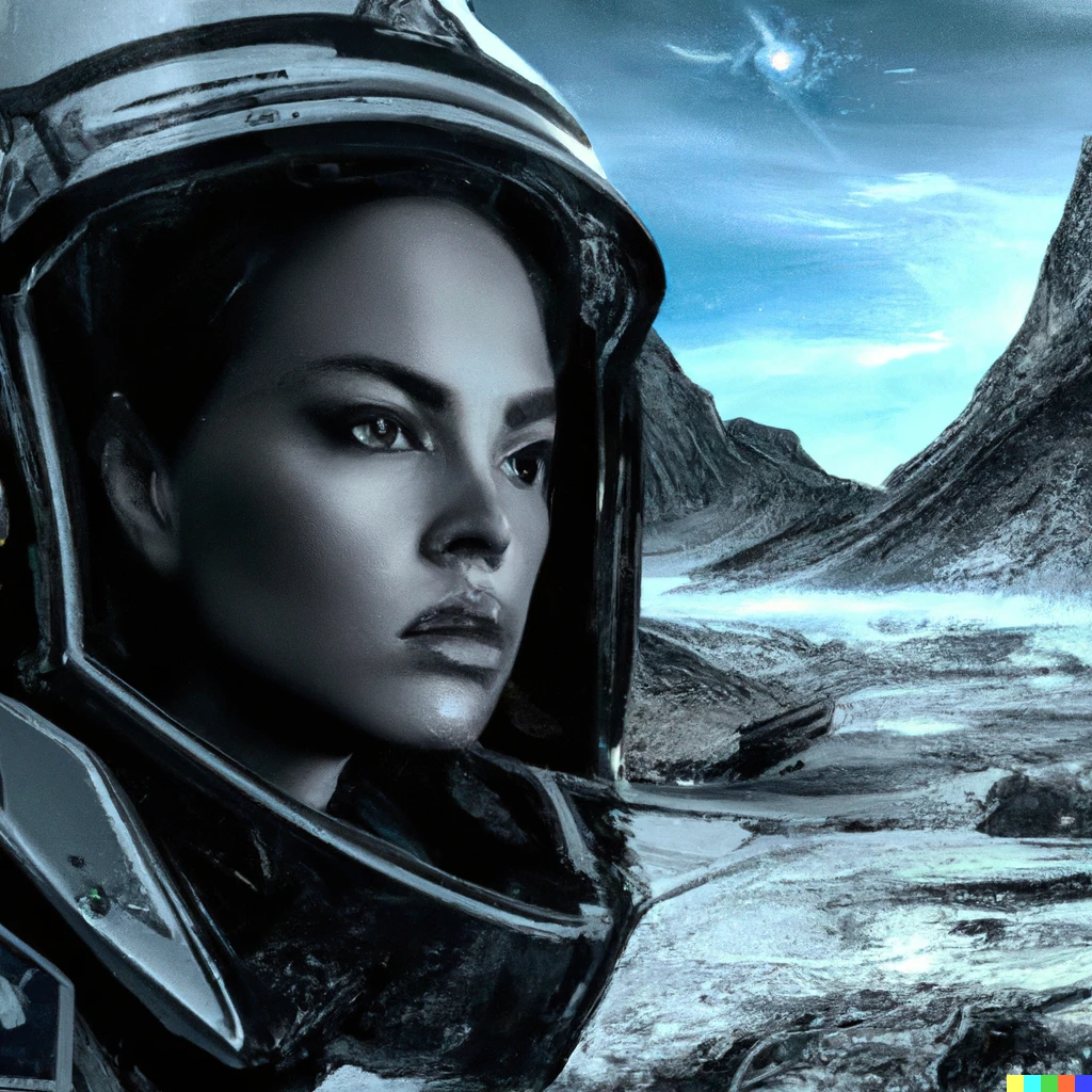 Prompt: “A beautiful female Science fiction Officer wearing a space helmet, a rocky moonscape with the remnants of a crashed starship in the background, ultra-realistic , extremely detailed.”