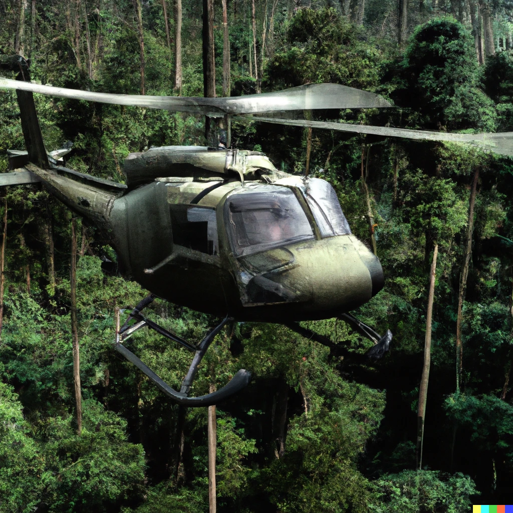 Prompt: "Huey helicopter over the jungle" 75mm photograph, hyperrealism, extremely detailed