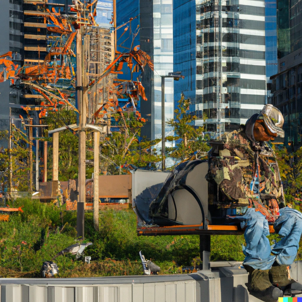 Prompt: A military veteran wearing blue jean pants, and a camouflage colored jacket, sitting on a park bench, with a few small trees nearby. The veteran is feeding a flock of pigeons from a bag.  In the background is a futuristic city of skyscrapers with flying cars.