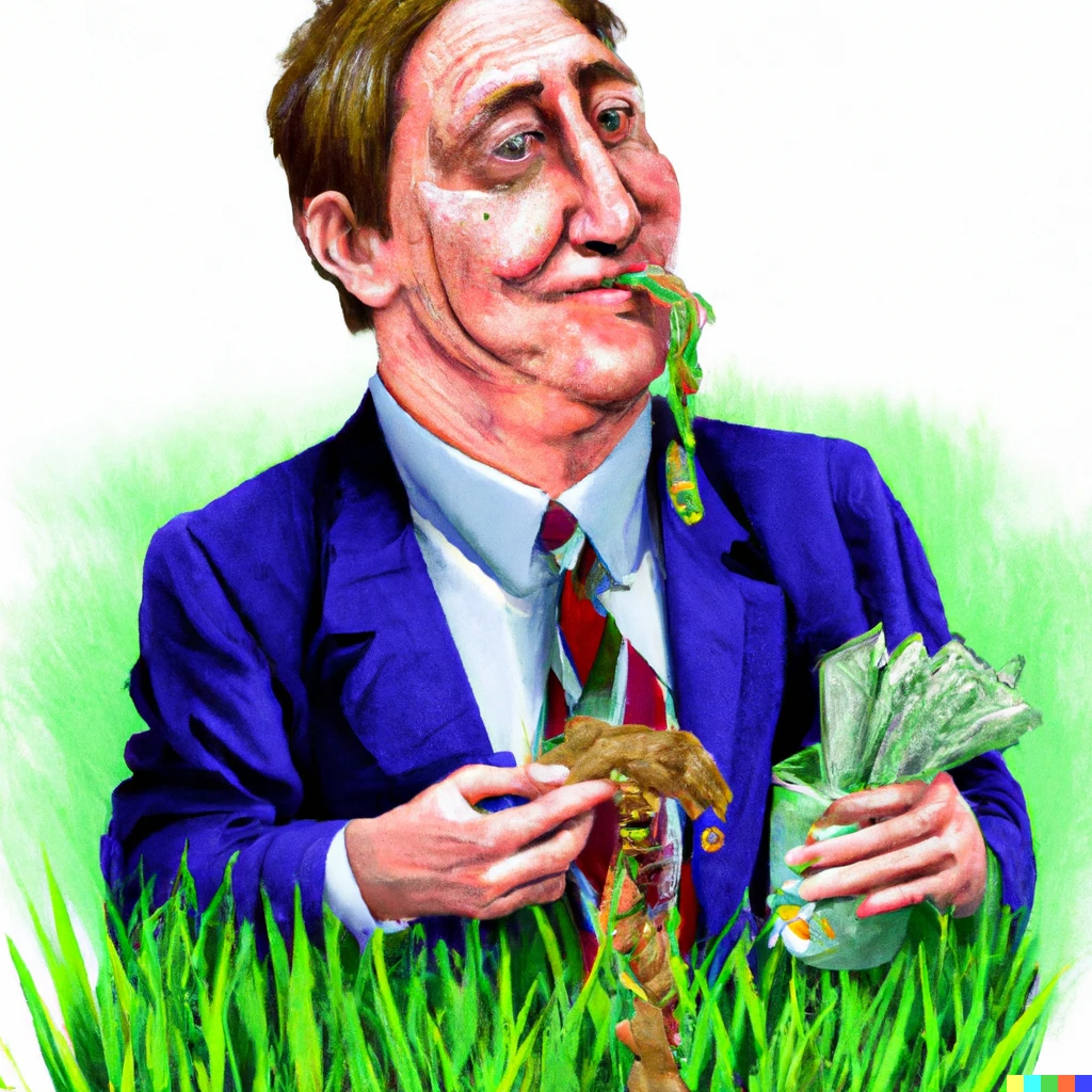 Prompt: politician eating grass, grin face, his pockets are full of money and he is thinking about all the money he can make with corruption, realistic
