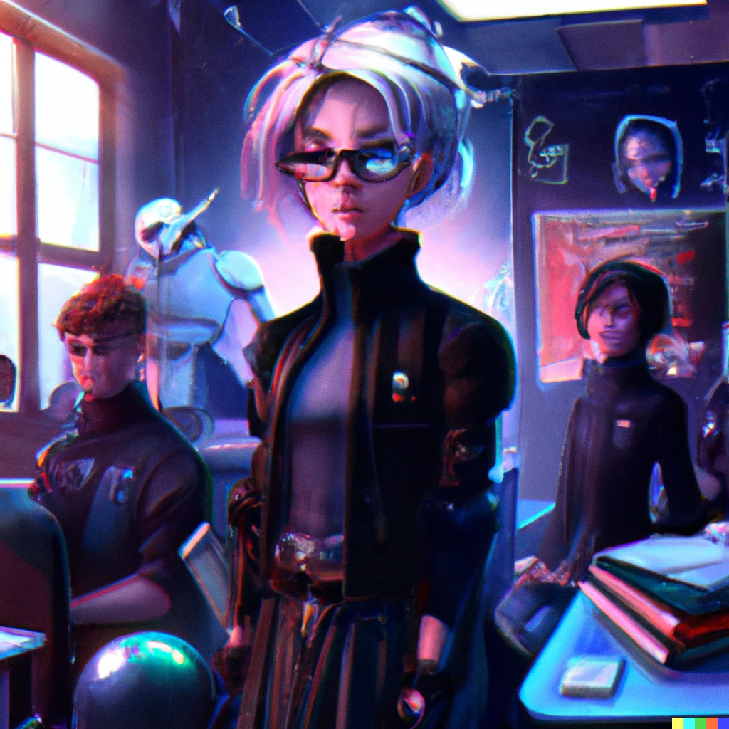 Prompt: a futuristic female teacher in a classroom with students, classic rock and cyberpunk aesthetic, digital art
