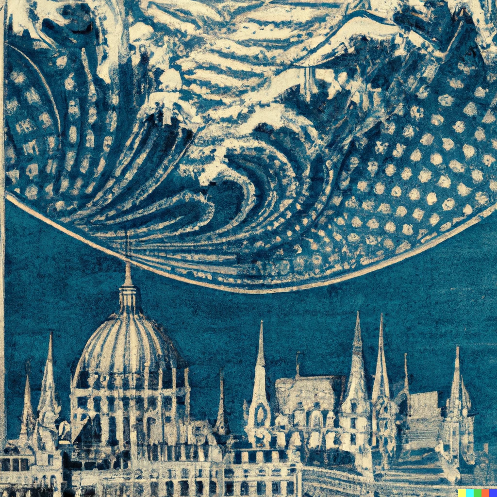 Prompt: An Edo-period woodblock print of Budapest, Hungary from Japanese ukiyo-e artist Katsushika Hokusai in the style of The Great Wave off Kanagawa.