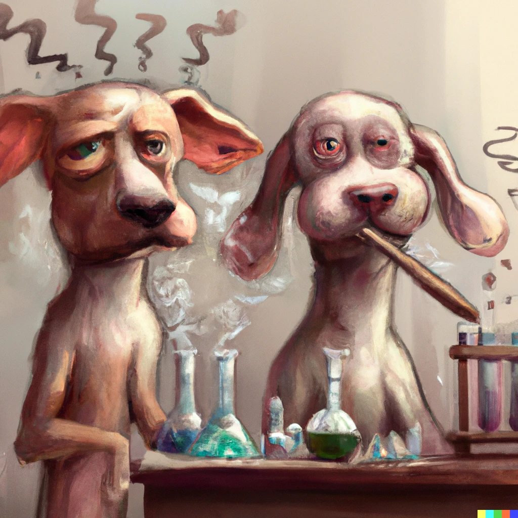 Prompt: Two smoking cartoon dogs, with a chemistry set, digital art