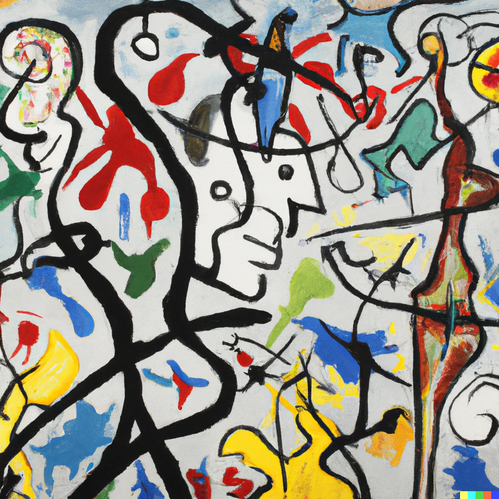 Prompt: A painting of human flourishing, jackson pollock and picasso