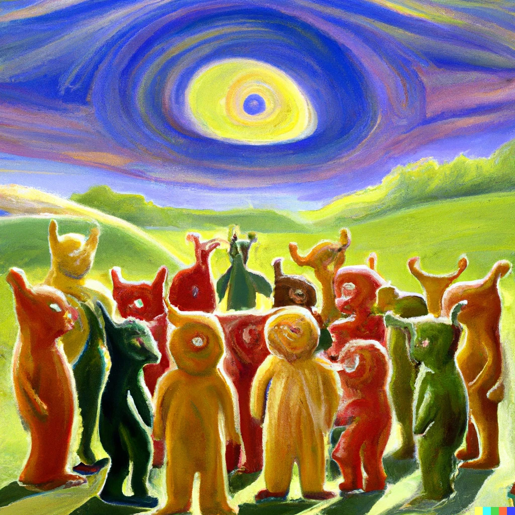 Prompt: The centennial gathering of the primal proto-teletubbies, painting by Edvard Munch