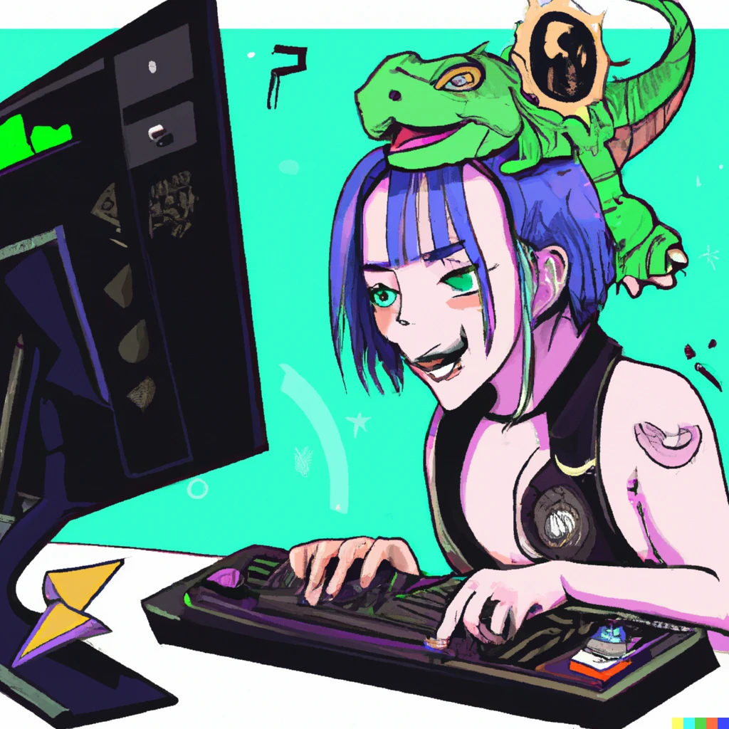 Prompt: Cute Cyberpunk anime girl playing valorant on Pc with pet gator 