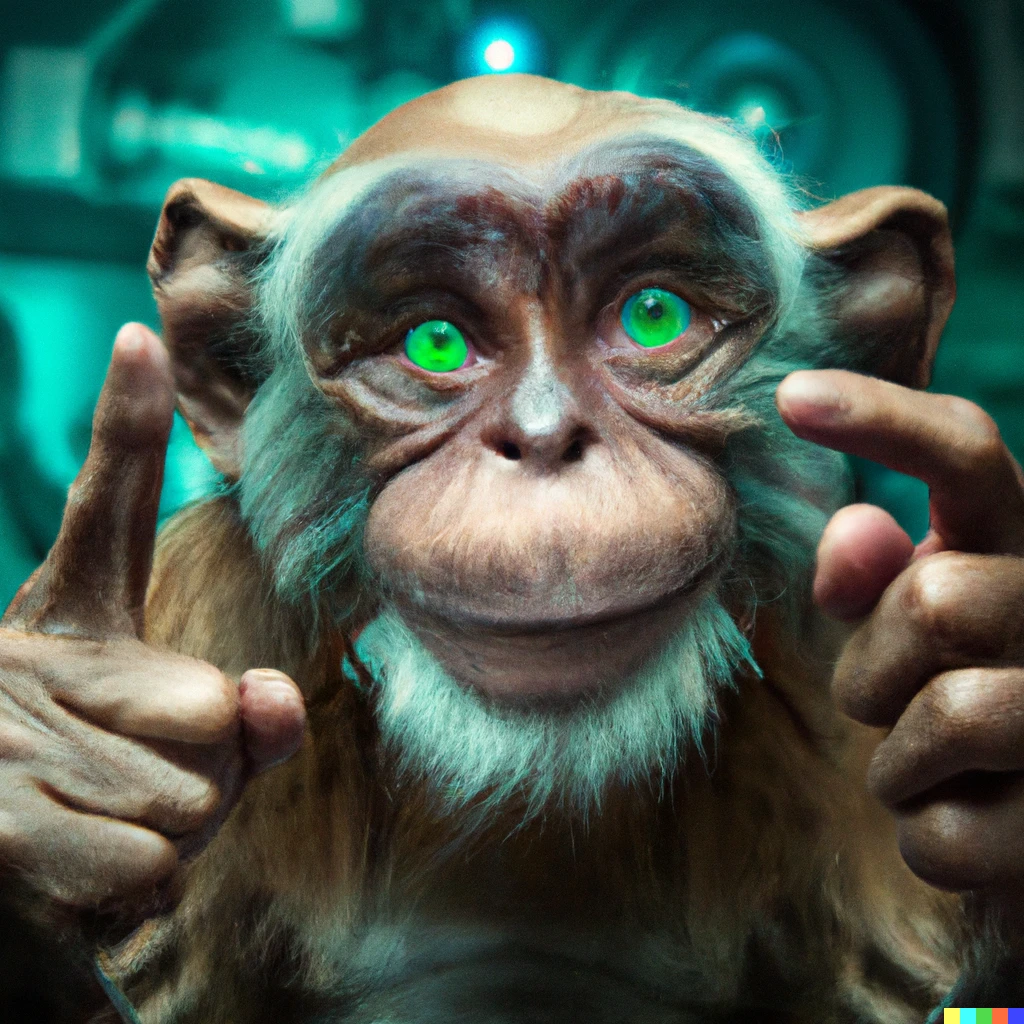 Prompt: A photo of a wise old monkey from the future surrounded by futuristic technology, smiling and staring at the camera with his finger pointed at his temple and one eyebrow raised. 