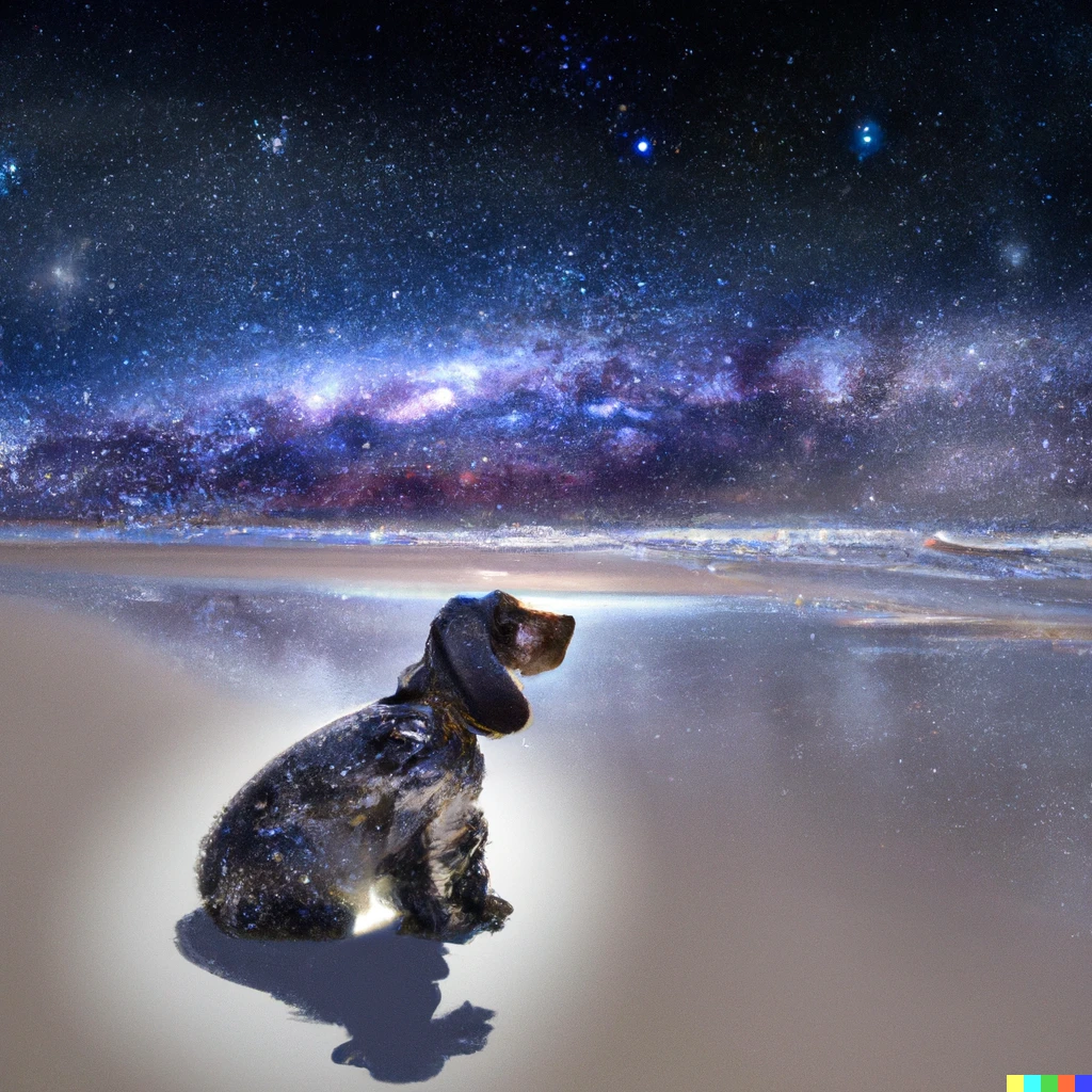 Prompt: a blue roan cocker spaniel sitting on a white sand beach with the milky way in the sky styled by monet