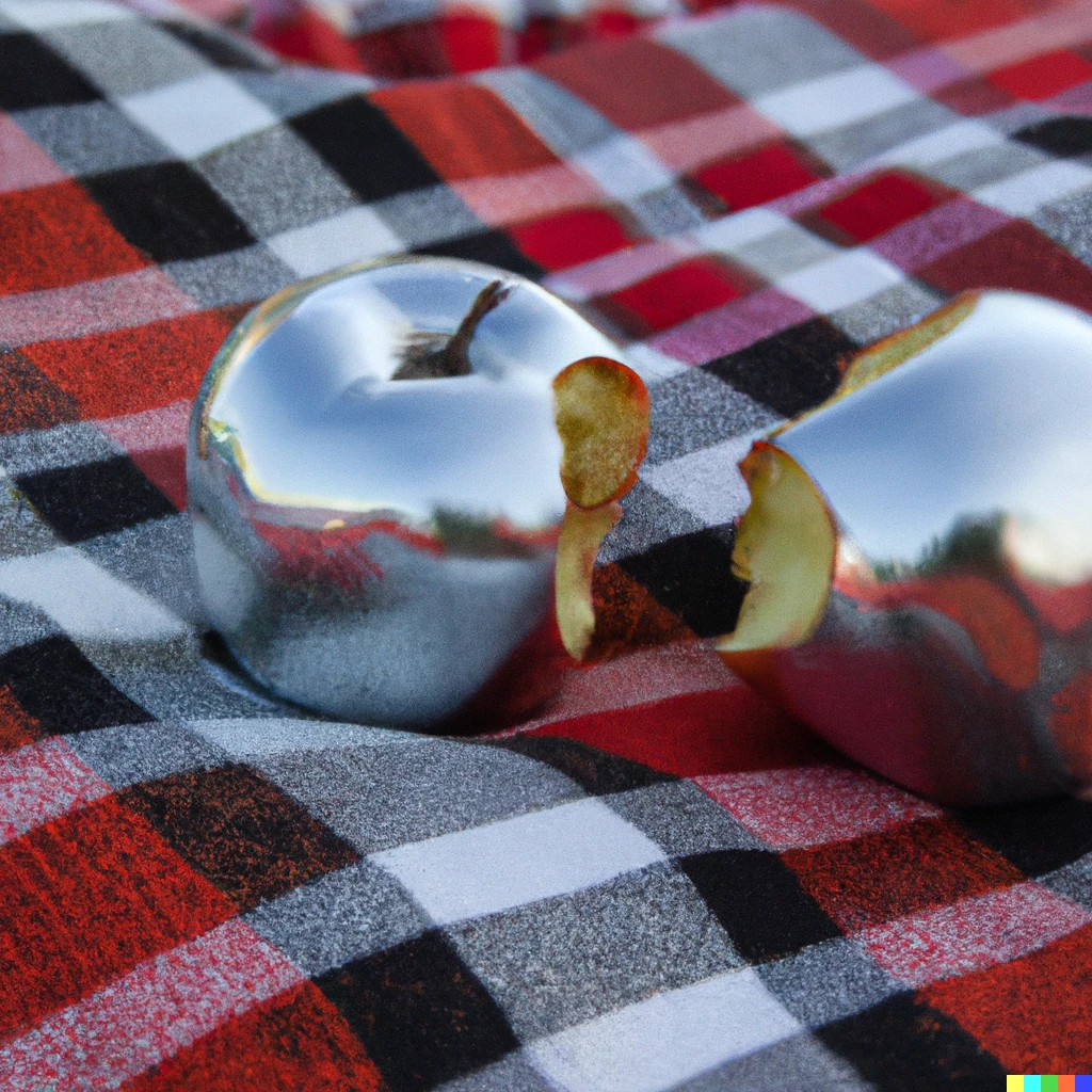Prompt: Two bitten metallic apples over a picnic blanket