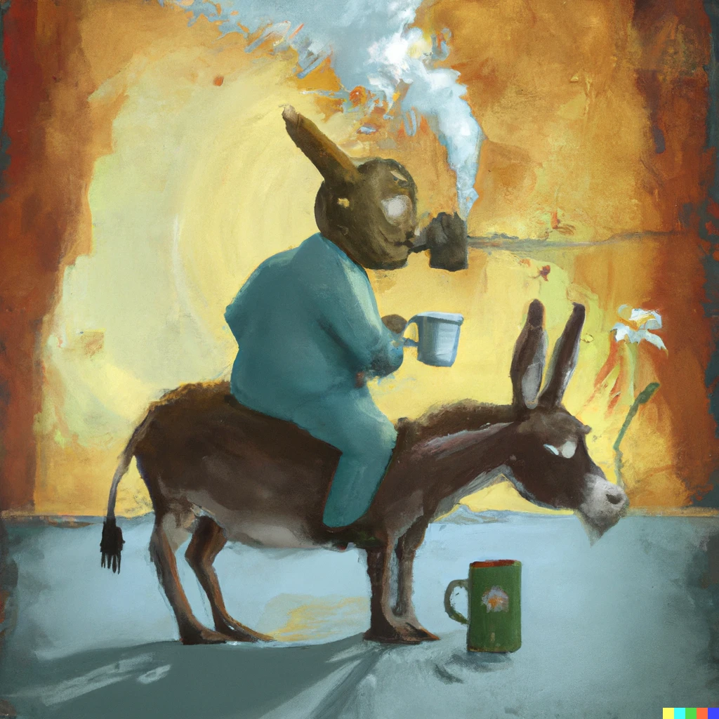 Prompt: Absurdist painting of John Oliver riding a donkey away from a nuclear explosion while drinking tea 