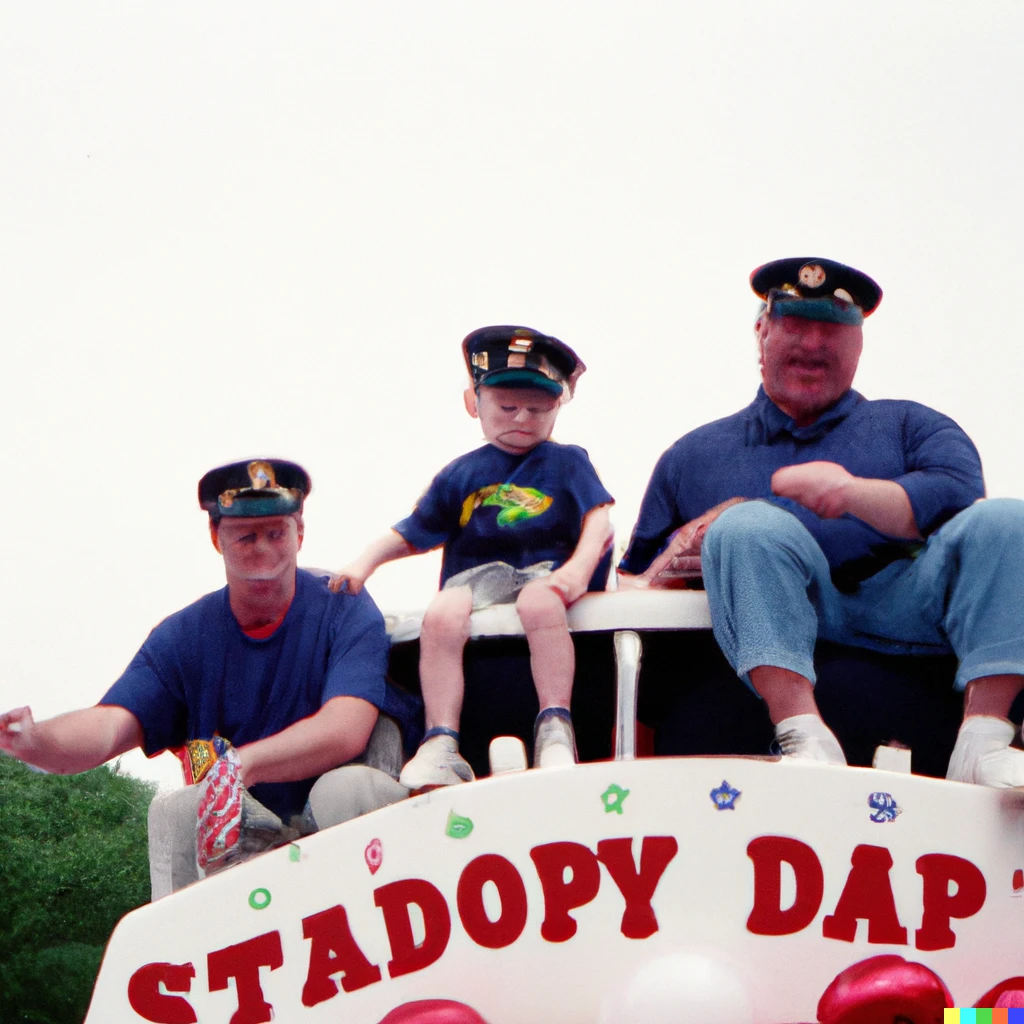 Prompt: a 35mm photograph of  3 stepdads on a parade float for stepdad day