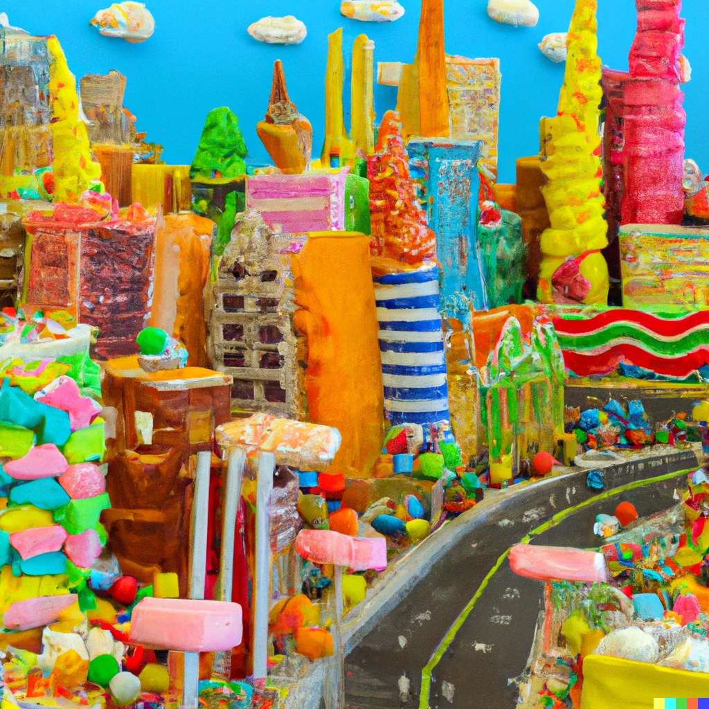 Prompt: city made up of candy and desserts realistic