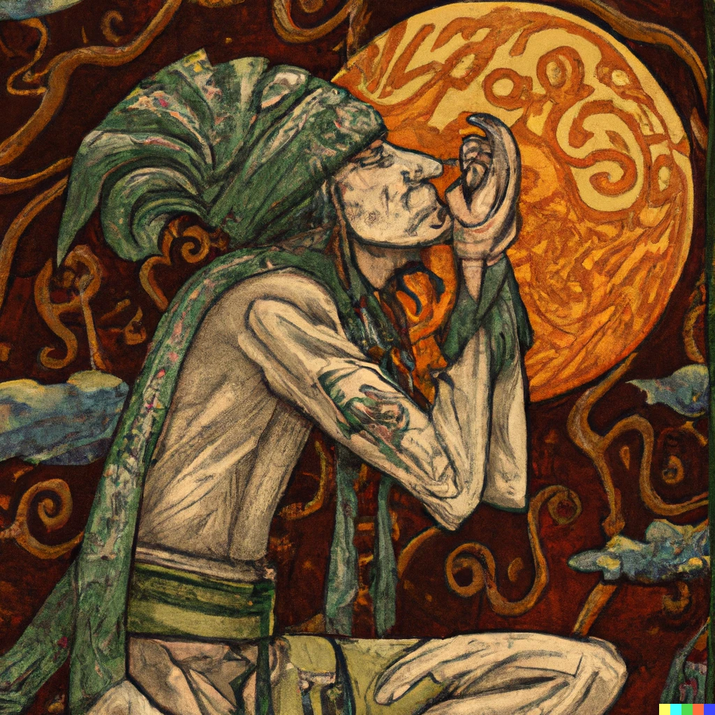 Prompt: shaman praying for rain, drew by Alfons Maria Mucha
