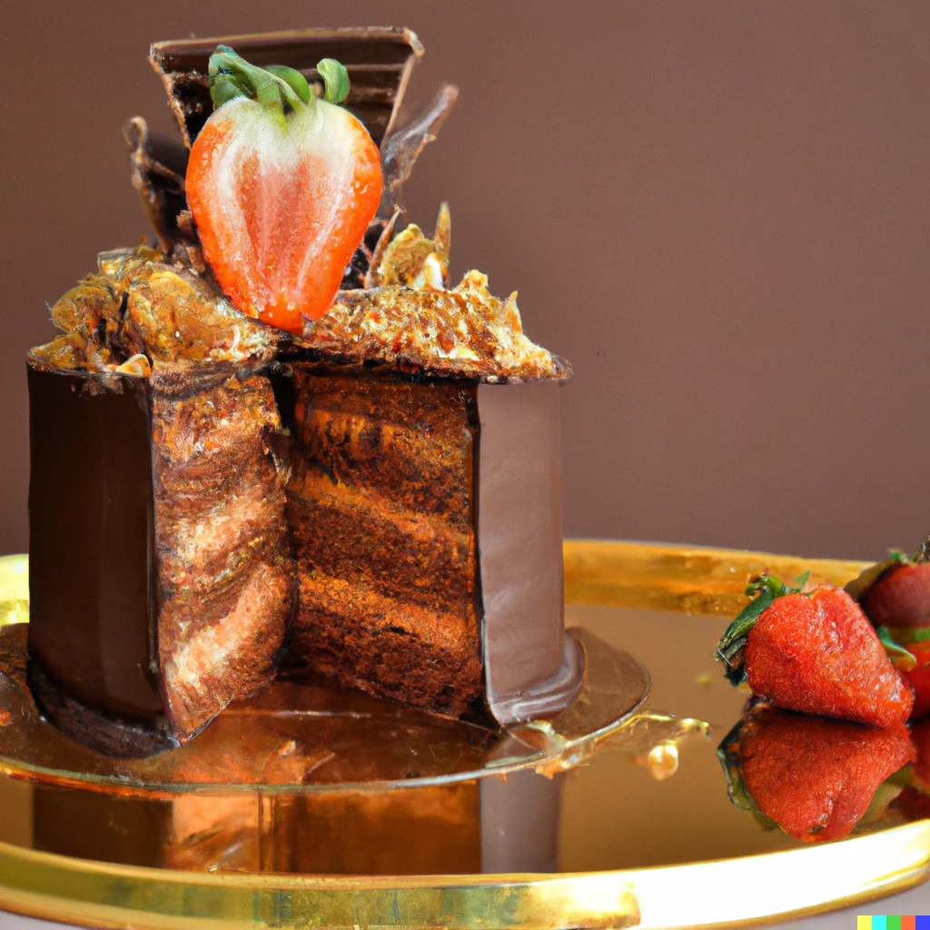 Prompt: Carrot cake triple layered with ganache chocolate between the layers and ganache chocolate cover with strawberries sliced in the middle over a golden plate 