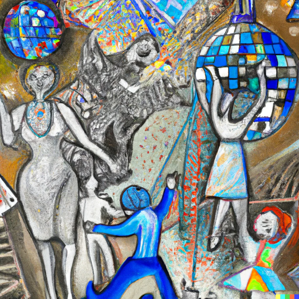 Prompt: Picasso abstract dancing men and women with glass ceilings disco balls and small children 