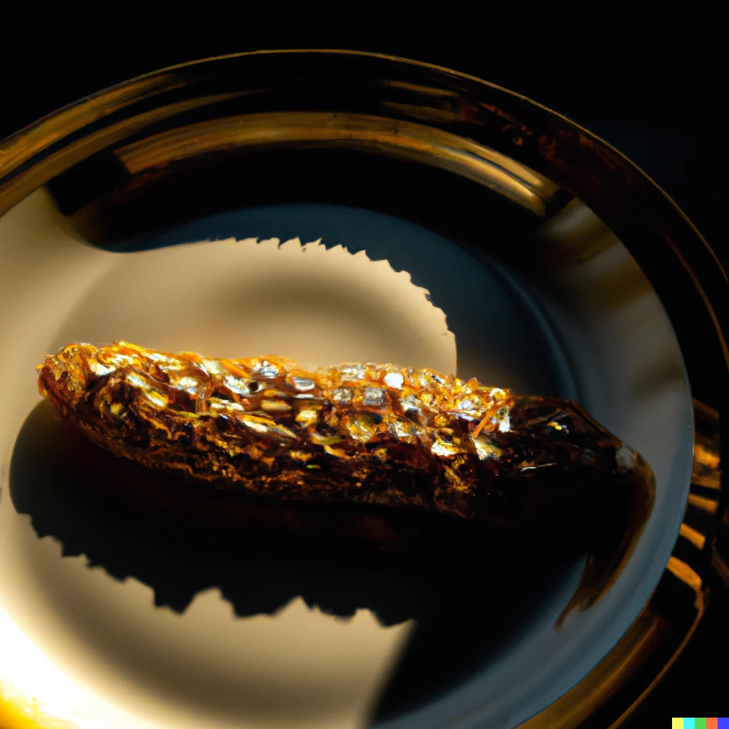 Prompt: Gold covered turd placed on a silver platter illuminated with sunlight and diamonds