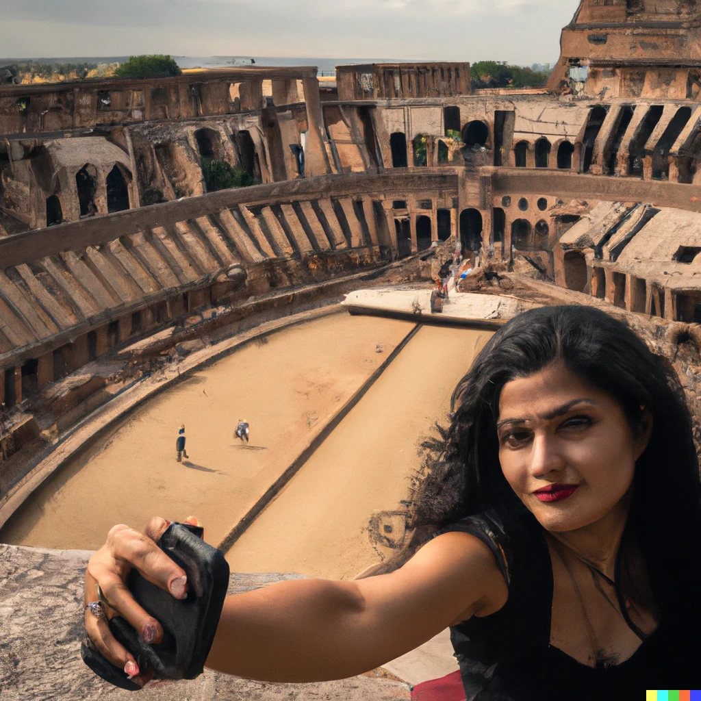 Prompt: a selfie taken from the upper balcony of the Colosseum, in the background a lone gladiator stands victorious on the sand 